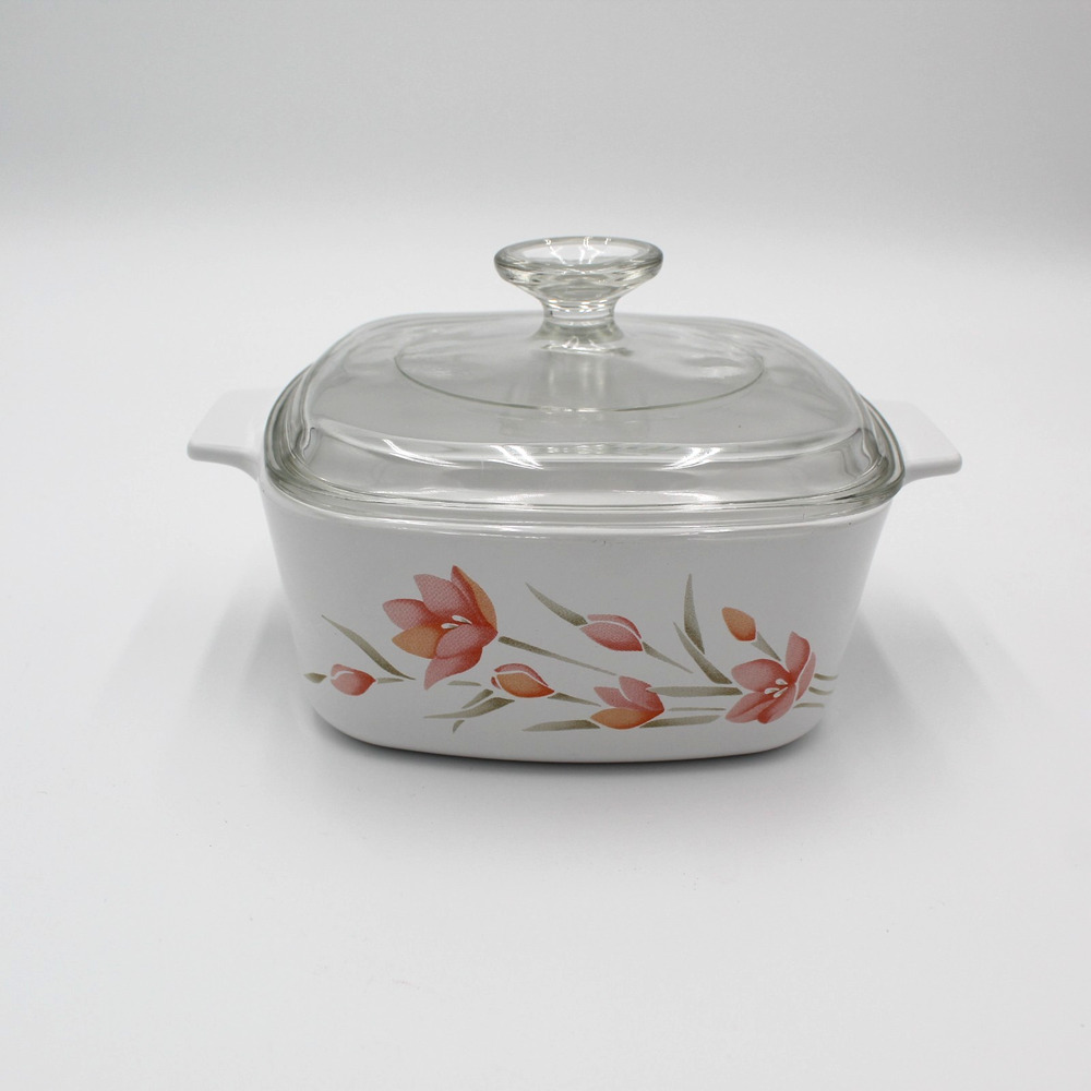 80s CorningWare Casserole Dish Lid Shadow Iris Pastel 1.5 Quart Floral Vintage